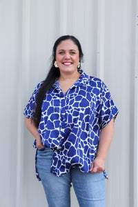 Collared Button Down Print Short Sleeve Top Side Slit