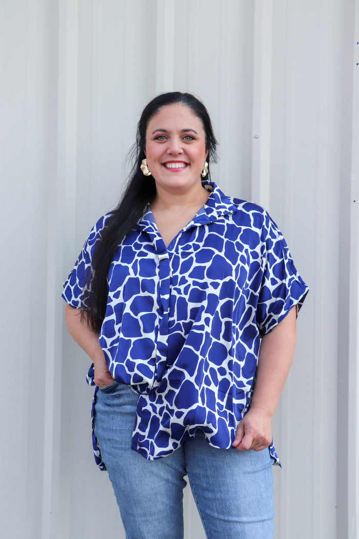 Collared Button Down Print Short Sleeve Top Side Slit