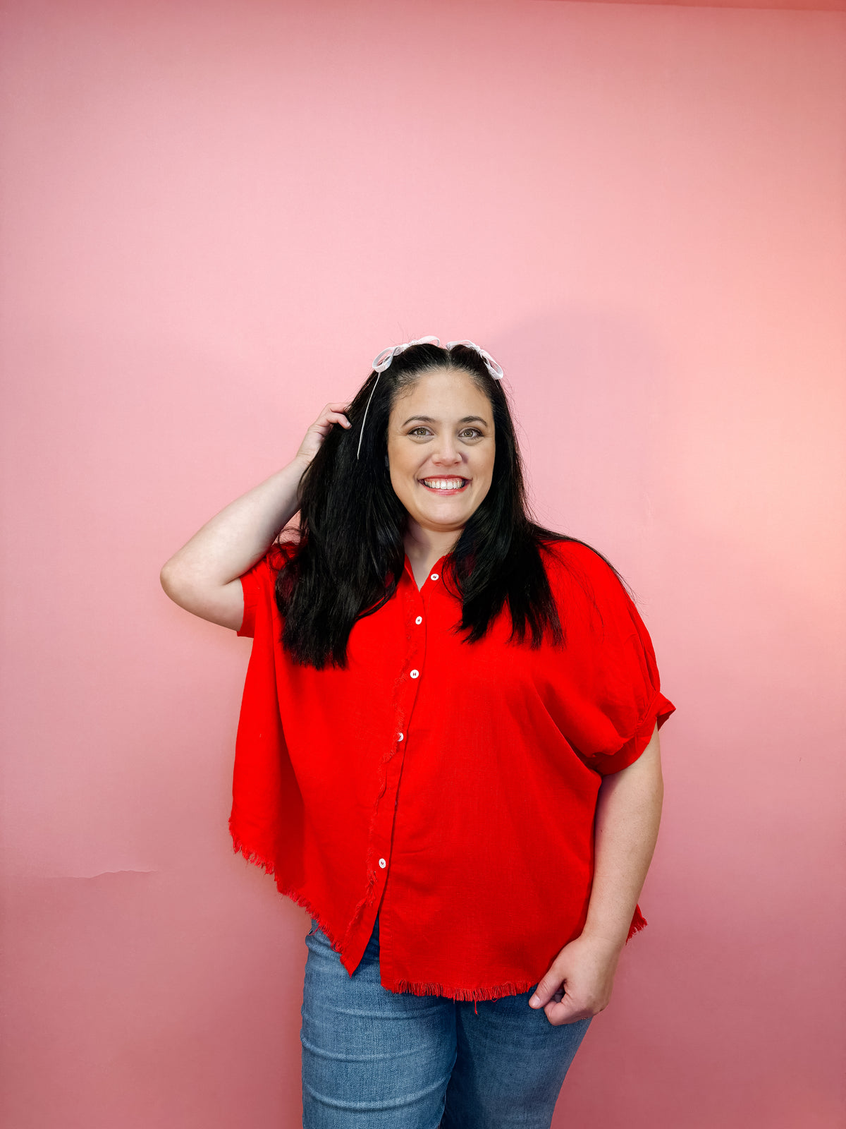 Red Linen Boxy Cut Button Down Top