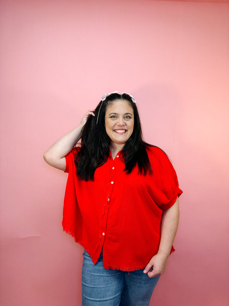 Red Linen Boxy Cut Button Down Top