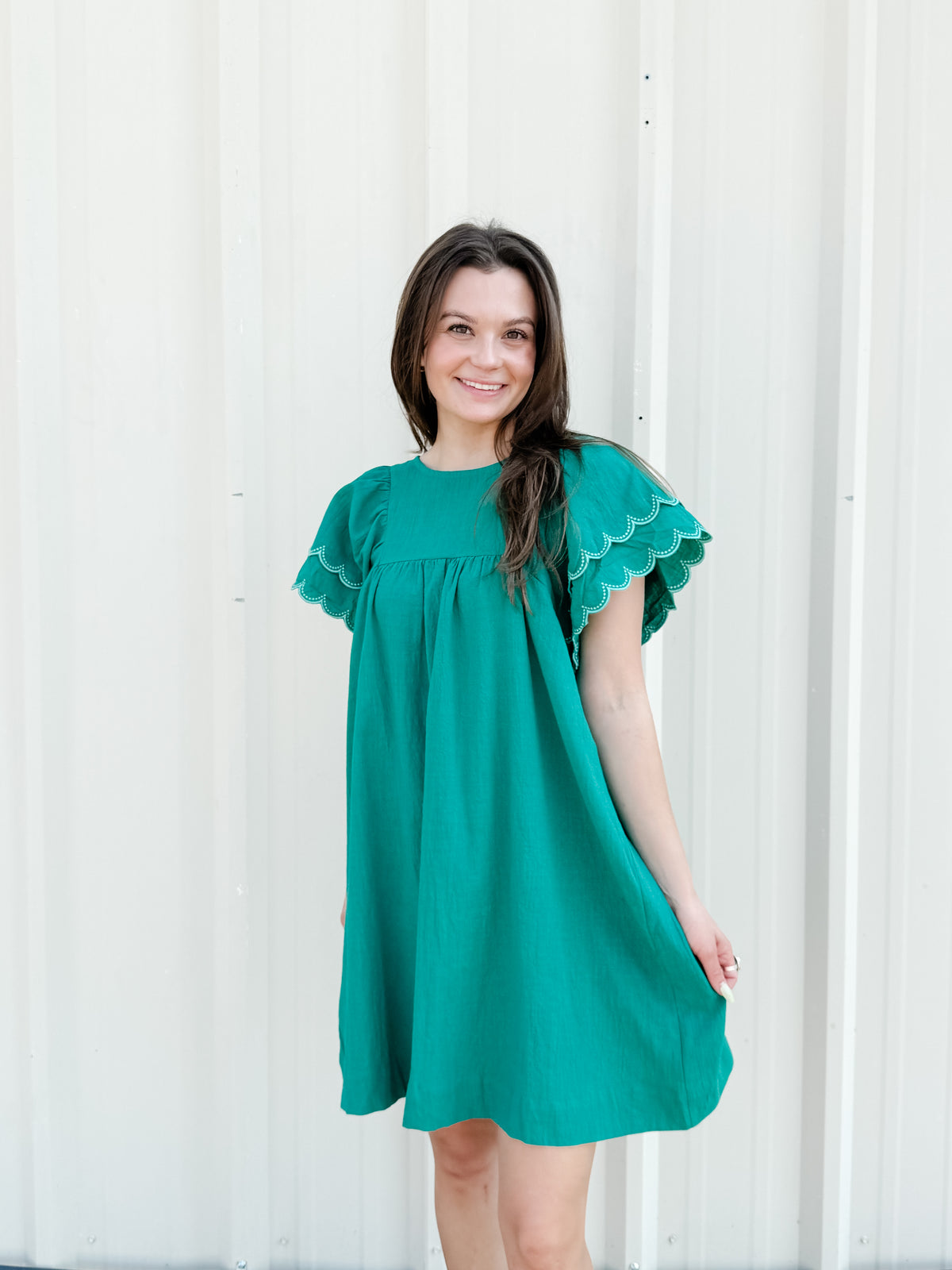 Round Neck Dress W/ Scalloped Flutter Sleeves