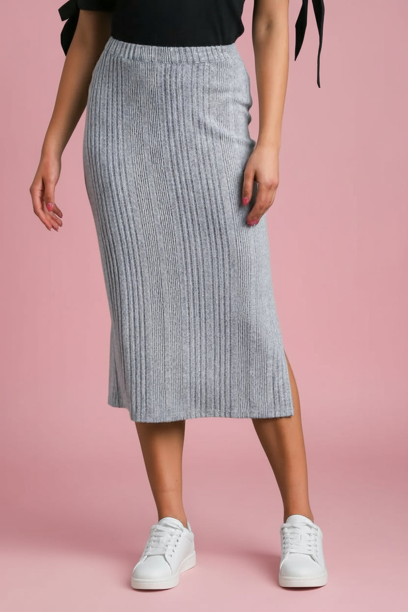 Ribbed Knit Elastic Waistband Midi Skirt