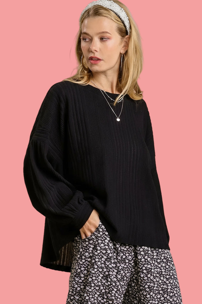 Ribbed Knit Balloon Sleeve Top
