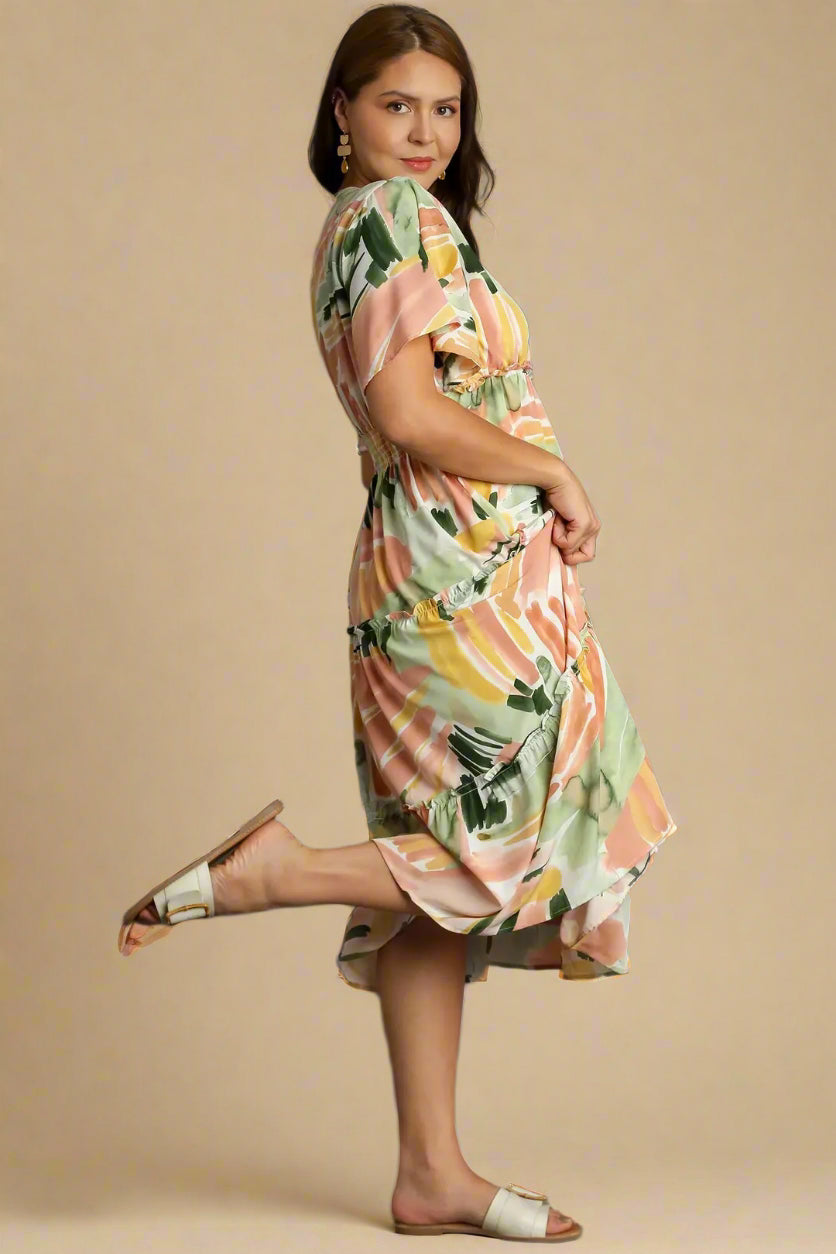 Abstract V-Neck Tiered A-Line Dress with Ruffle Sleeves