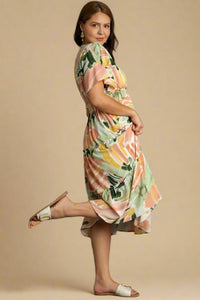 Abstract V-Neck Tiered A-Line Dress with Ruffle Sleeves