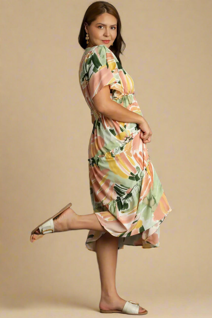 Abstract V-Neck Tiered A-Line Dress with Ruffle Sleeves