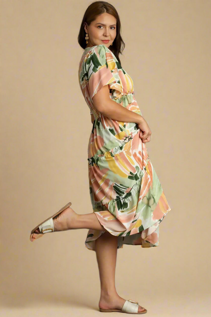 Abstract V-Neck Tiered A-Line Dress with Ruffle Sleeves