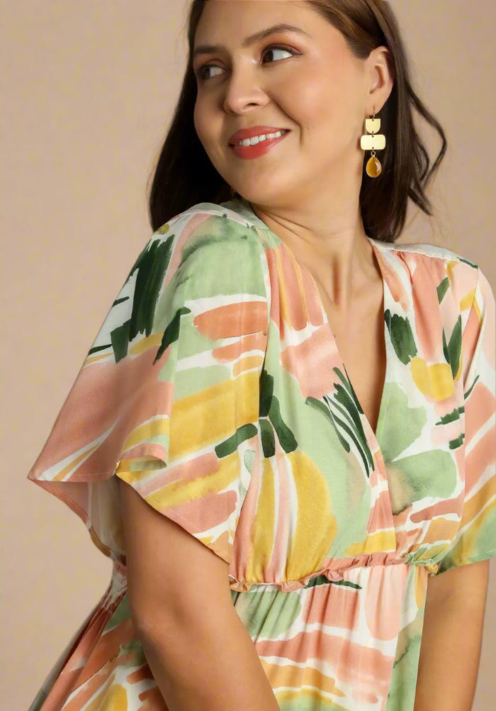 Abstract V-Neck Tiered A-Line Dress with Ruffle Sleeves