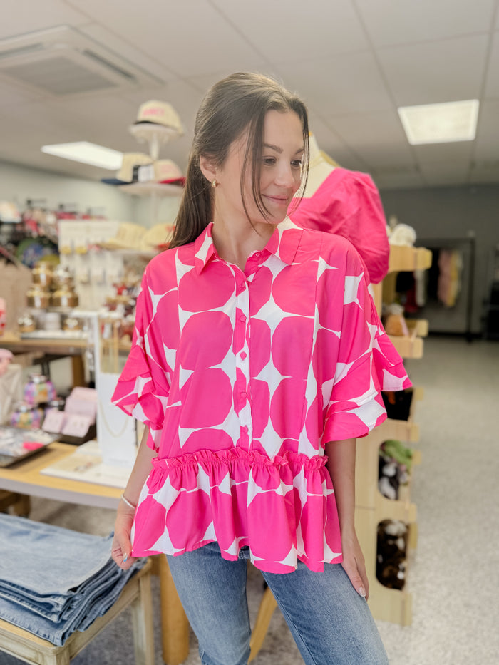 Neon Pink Geometric Print Button Down Top