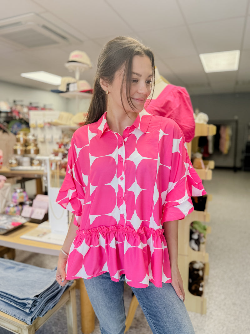Neon Pink Geometric Print Button Down Top