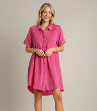 Mineral Wash Button Down Short Collared Dress W/ Frayed Unfished Hem