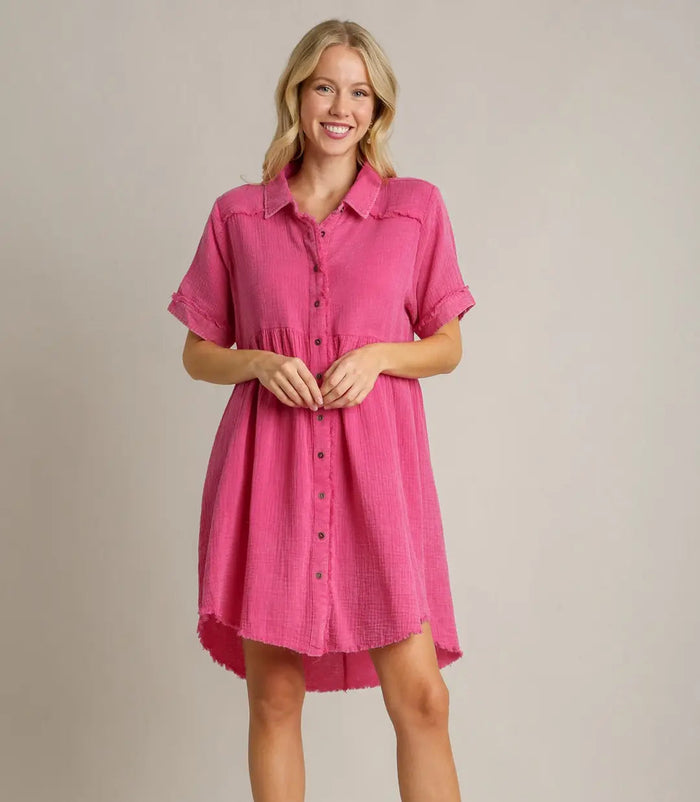 Mineral Wash Button Down Short Collared Dress W/ Frayed Unfished Hem