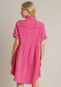 Mineral Wash Button Down Short Collared Dress W/ Frayed Unfished Hem