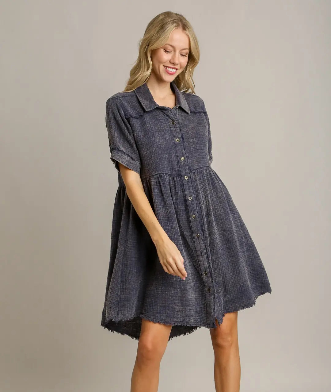 Mineral Wash Button Down Short Collared Dress W/ Frayed Unfished Hem