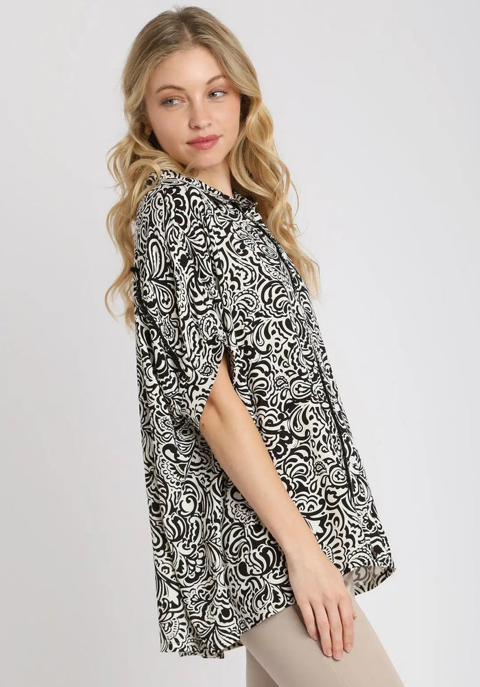 Two Tone Abstract Print Boxy Cut Split Neck Button Down Shirt