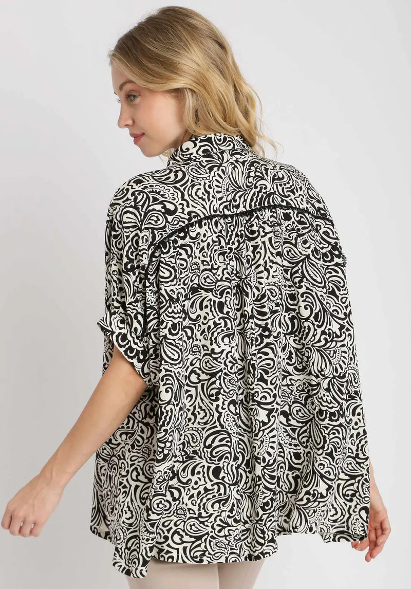 Two Tone Abstract Print Boxy Cut Split Neck Button Down Shirt