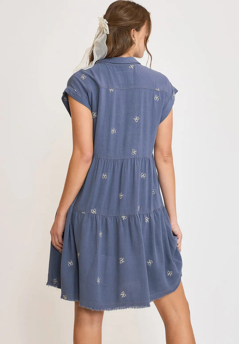 Linen Blend Ribbon Embroidered Shirt Dress