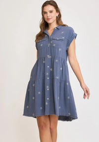 Linen Blend Ribbon Embroidered Shirt Dress