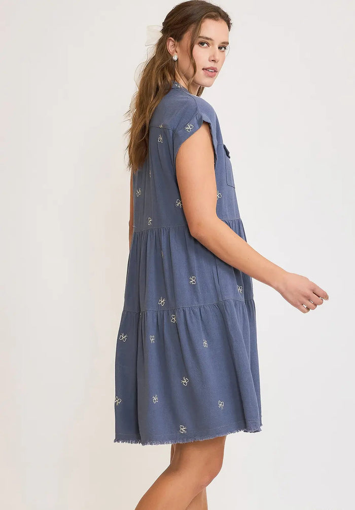 Linen Blend Ribbon Embroidered Shirt Dress