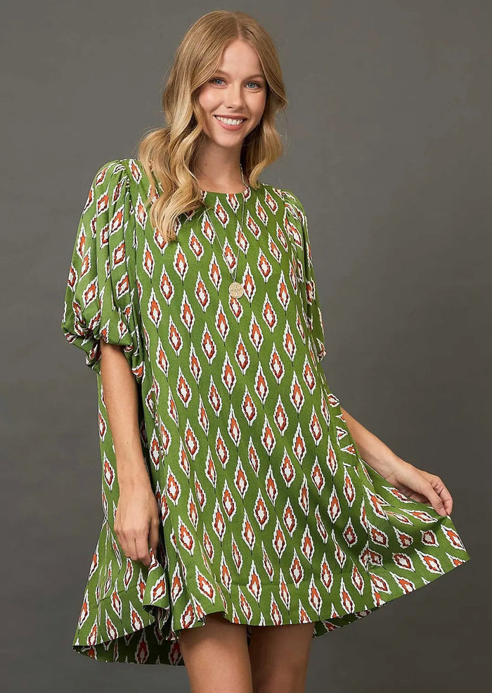 Leaf Print Dress with Puff Sleeves
