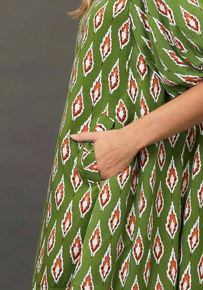 Leaf Print Dress with Puff Sleeves