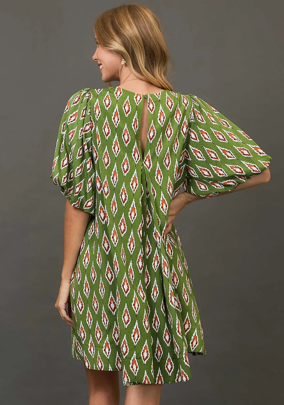 Leaf Print Dress with Puff Sleeves