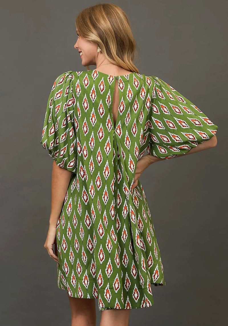 Leaf Print Dress with Puff Sleeves