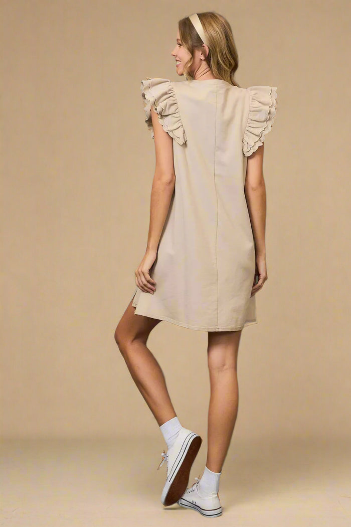 French Terry Mini Dress with Scalloped Ruffle Sleeves