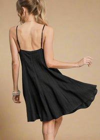 Black V-Neck Pleated Hem Dress