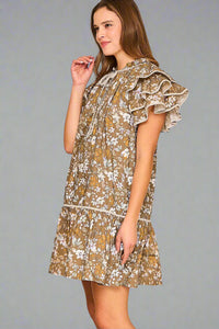 Taupe Floral Ruffle Sleeve Baby doll Dress