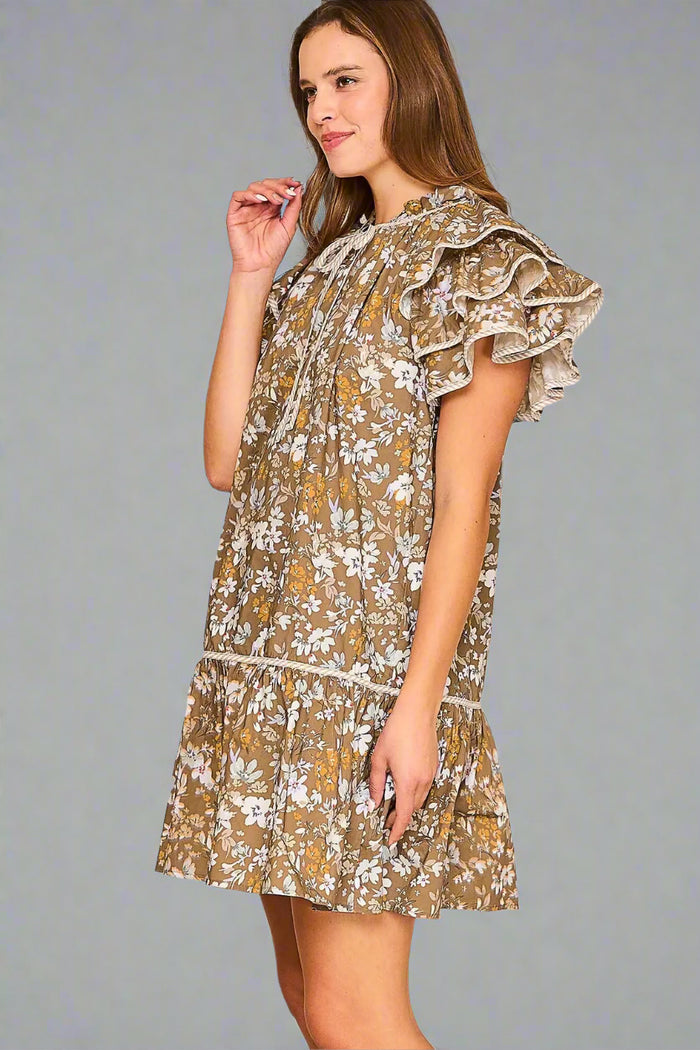 Taupe Floral Ruffle Sleeve Baby doll Dress
