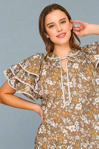 Taupe Floral Ruffle Sleeve Baby doll Dress