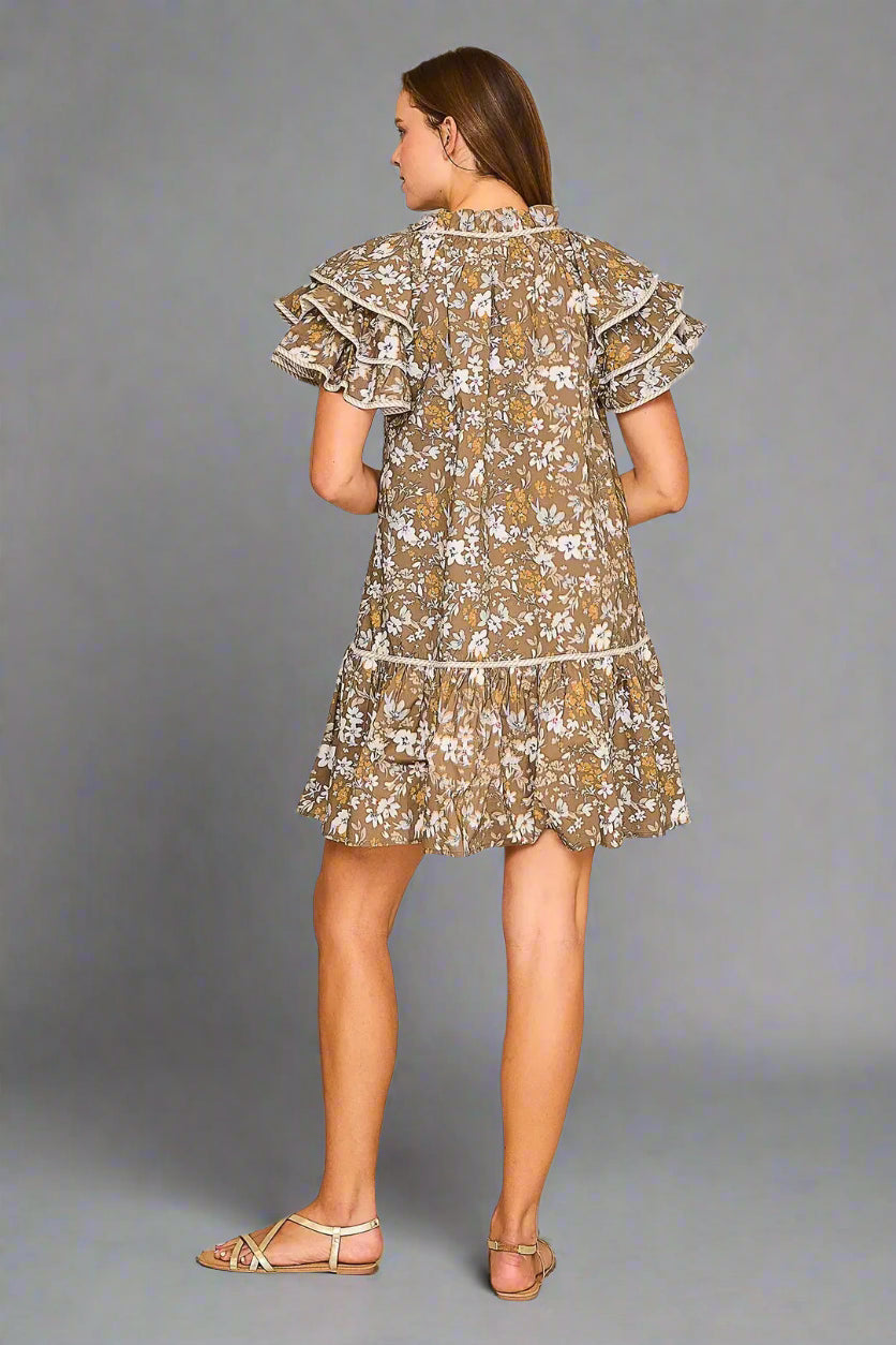 Taupe Floral Ruffle Sleeve Baby doll Dress