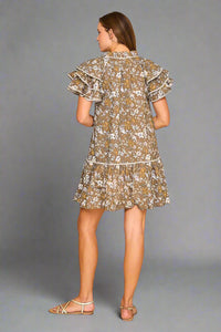 Taupe Floral Ruffle Sleeve Baby doll Dress
