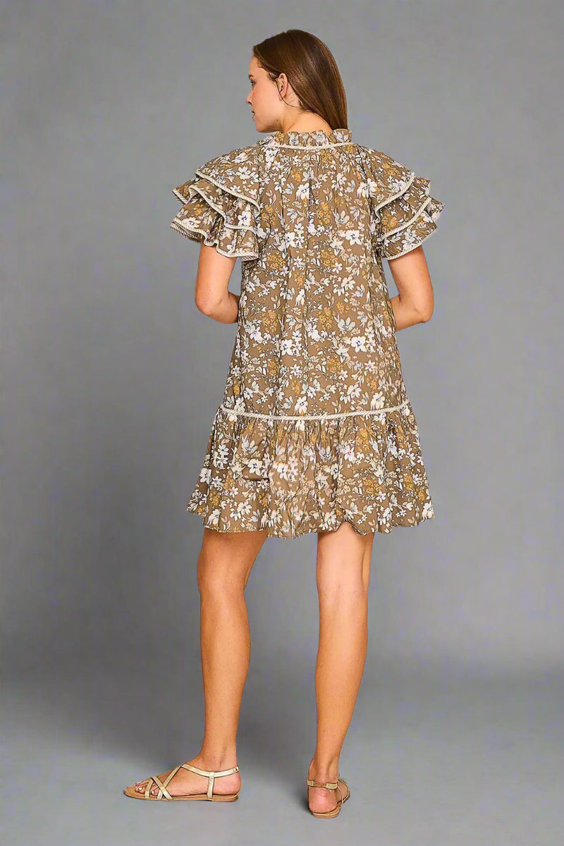 Taupe Floral Ruffle Sleeve Baby doll Dress