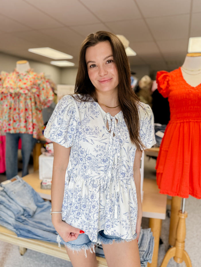Front Ribbon Bow Tie Floral Woven Blouse