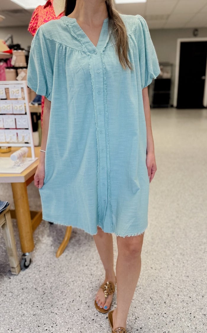 Mint Button Down Dress W/ Short Puff Sleeve