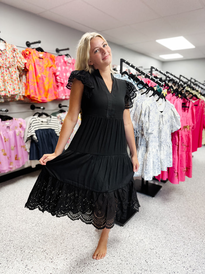 Black Solid Lace Tiered Dress