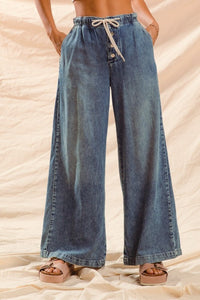 Wide Leg Denim Pants W/ Drawstring