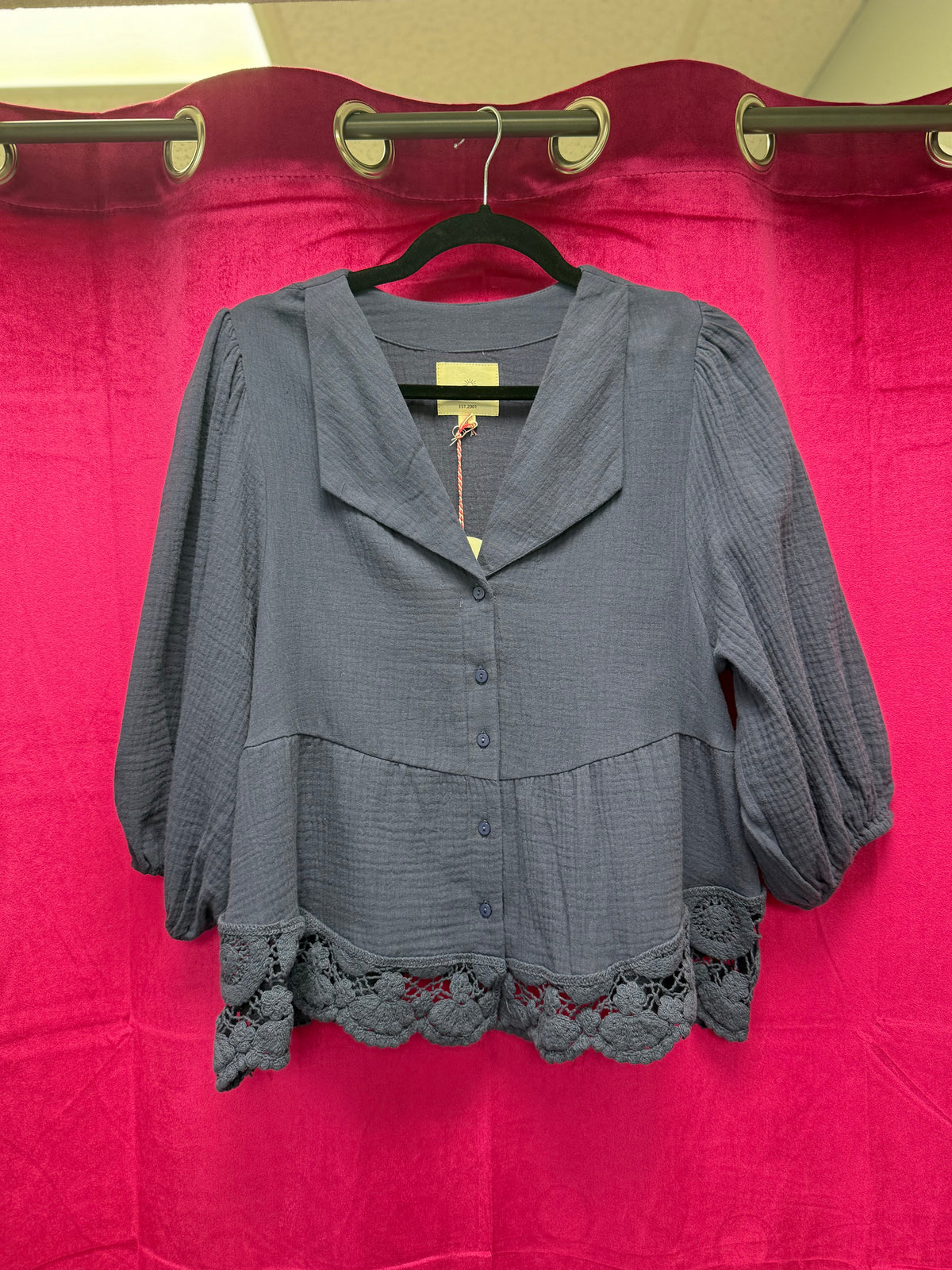 Navy Cotton Gauze Button Down Top