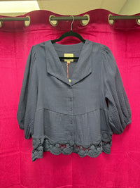 Navy Cotton Gauze Button Down Top