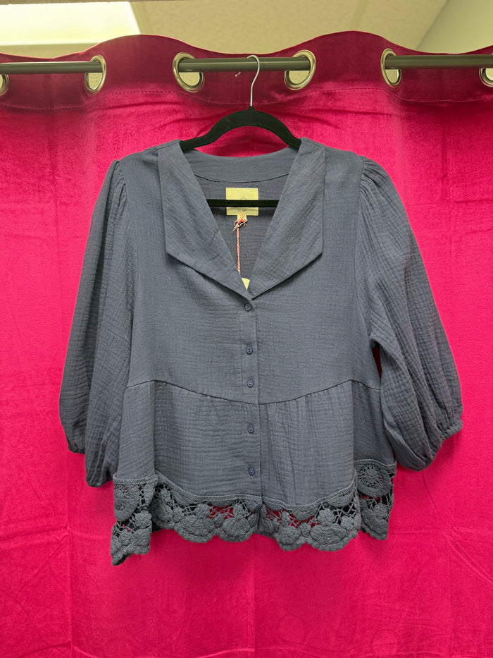 Navy Cotton Gauze Button Down Top