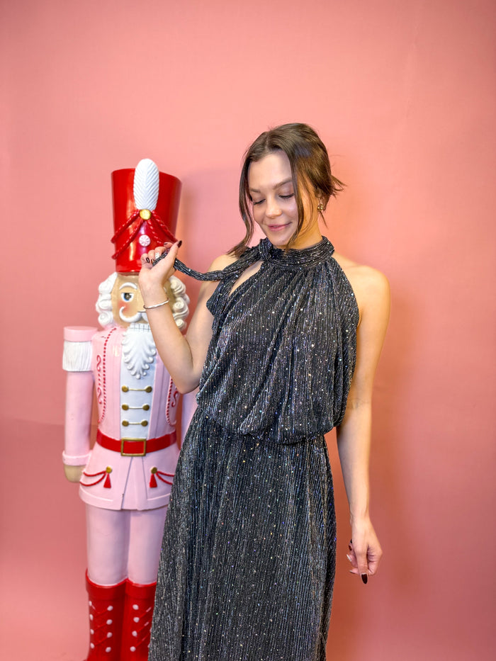 Sleeveless Metallic Tie Neck Halter Top