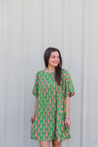 Leaf Print Dress with Puff Sleeves