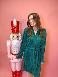 Pleated Button Down Shirt Dress W/ Bell Sleeves