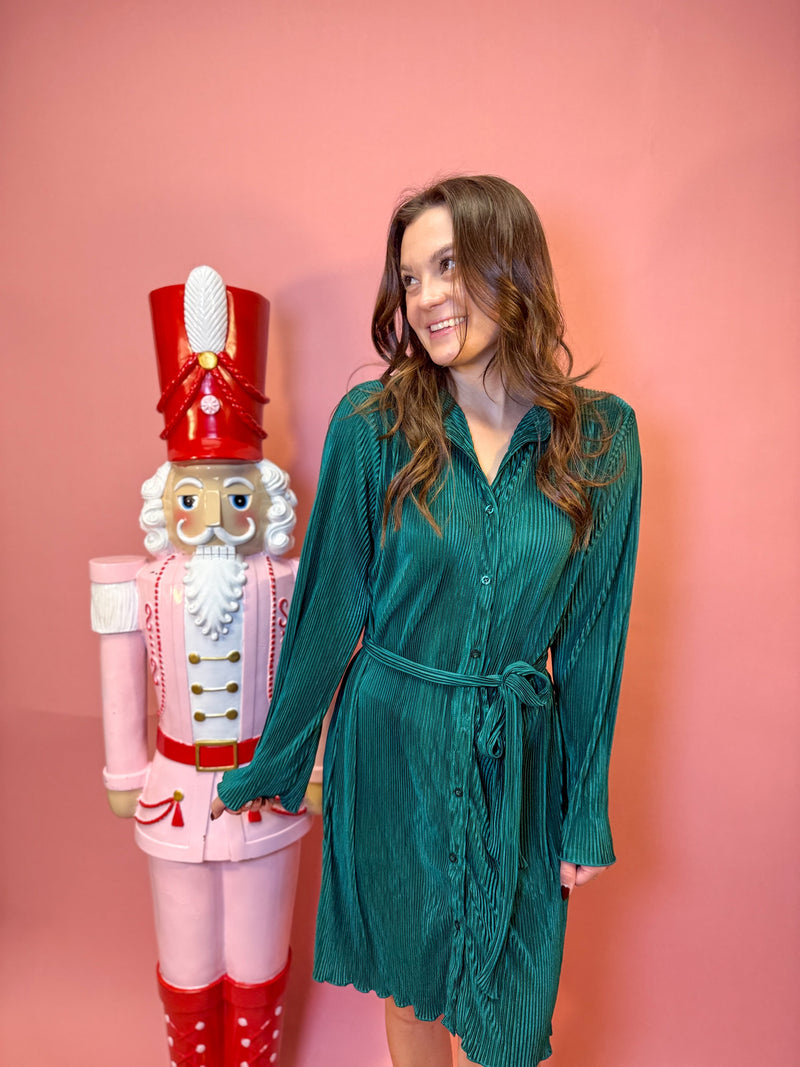 Pleated Button Down Shirt Dress W/ Bell Sleeves