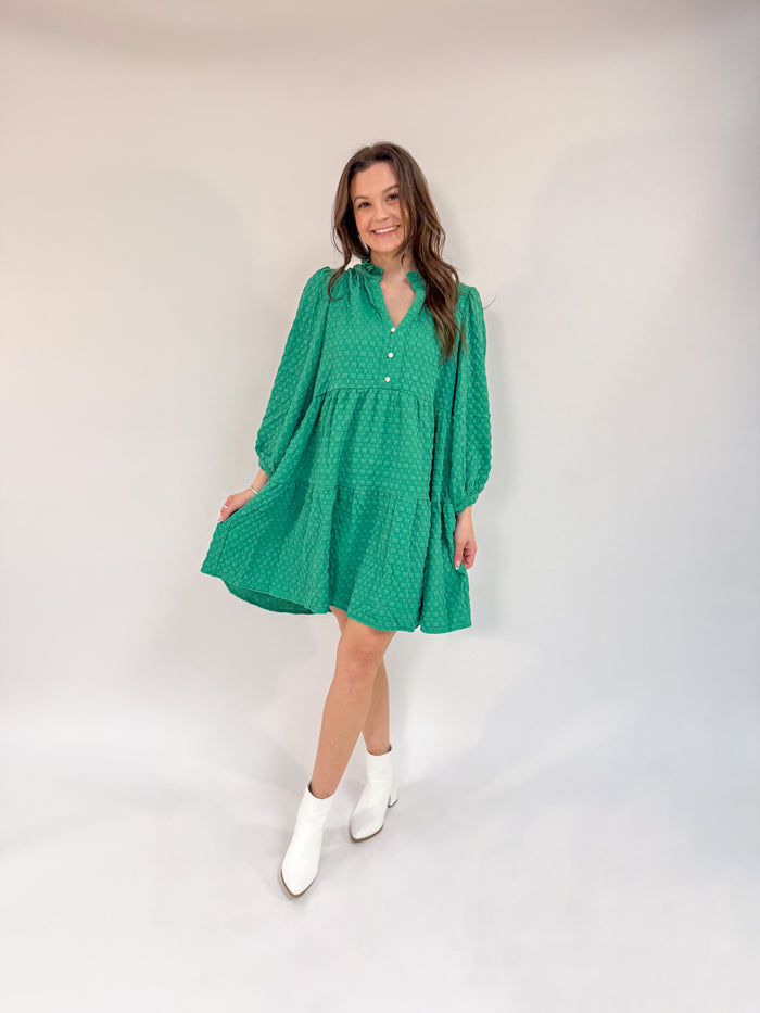 Textured Jacquard V-Notched Ruffle Trim Dress