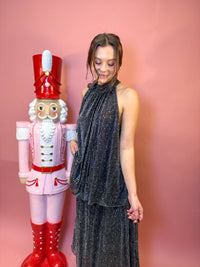 Sleeveless Metallic Tie Neck Halter Top