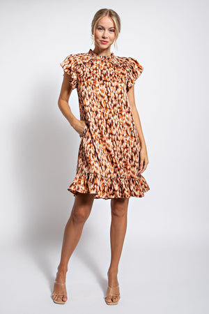 Printed Ruffle Babydoll Short Sleeve Dress-Brown