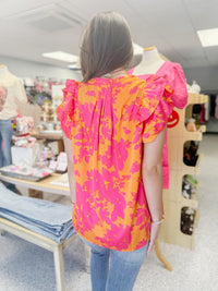 Sunkist Mix V-Notched Double Layer Ruffle Sleeve Top